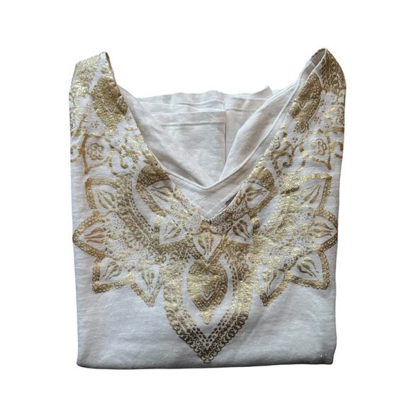 Chico's White Gold Foil Double V Neck Linen Tee Large/2 Beachy Mandala Design - Picture 2 of 13